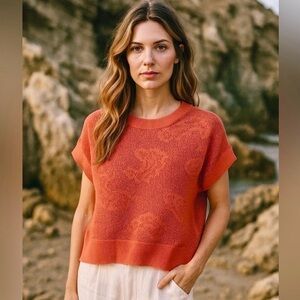 DR2 Danielle Rainn Paisley Open Stitch Cotton Sweater Tank Brick Orange Size M